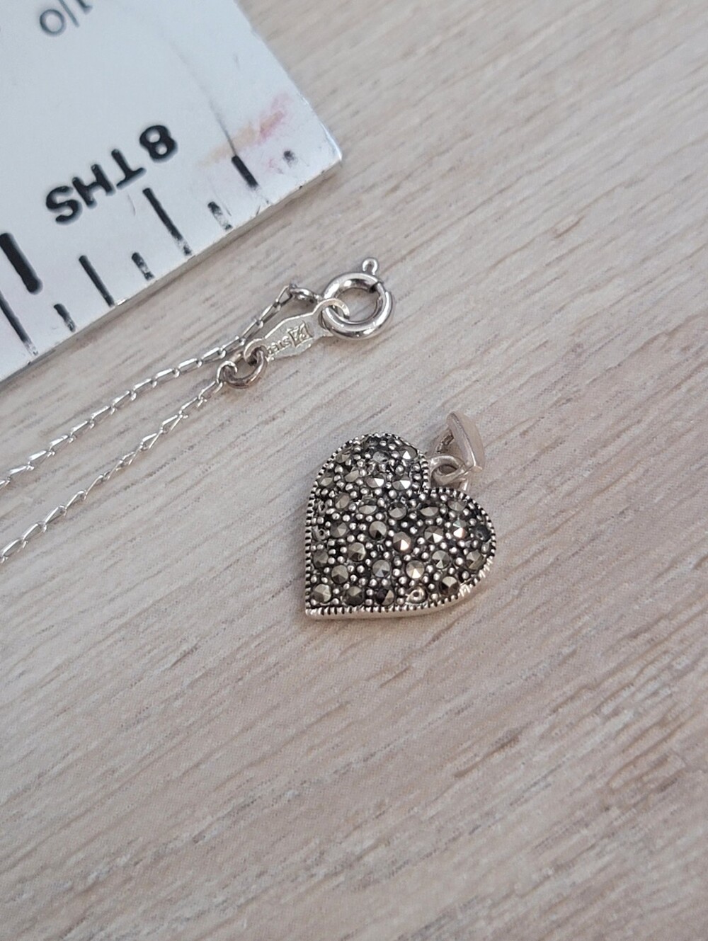 Vintage Avon Sterling Silver Marcasite Puffy Heart Necklace Set 925